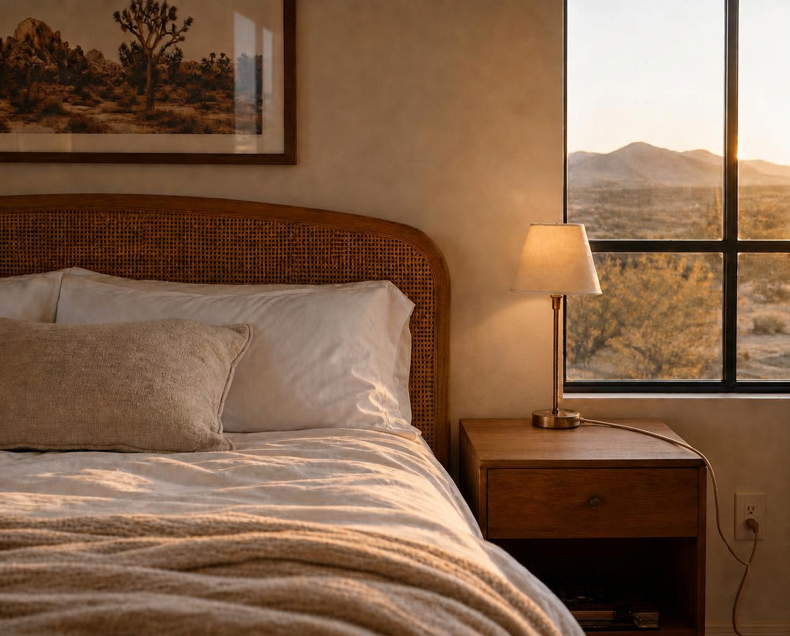 Cozy guest bedroom with warm desert light